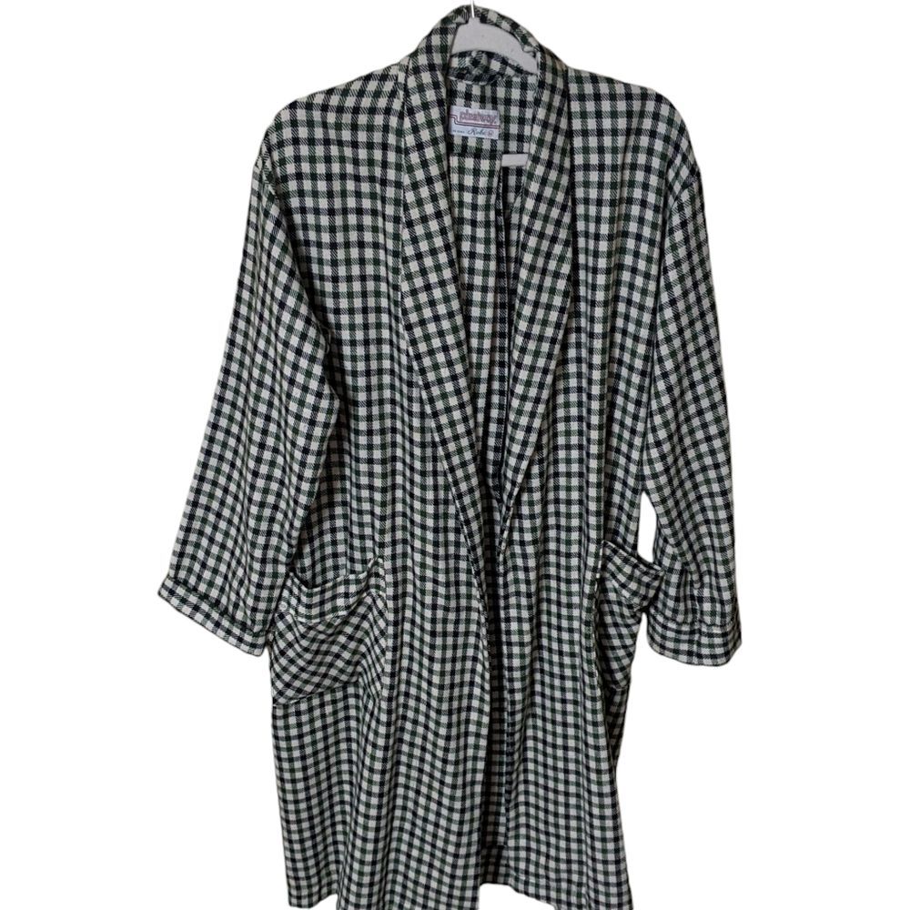 Vintage Pleetway checkered green navy belted patch pockets men's robe Medium